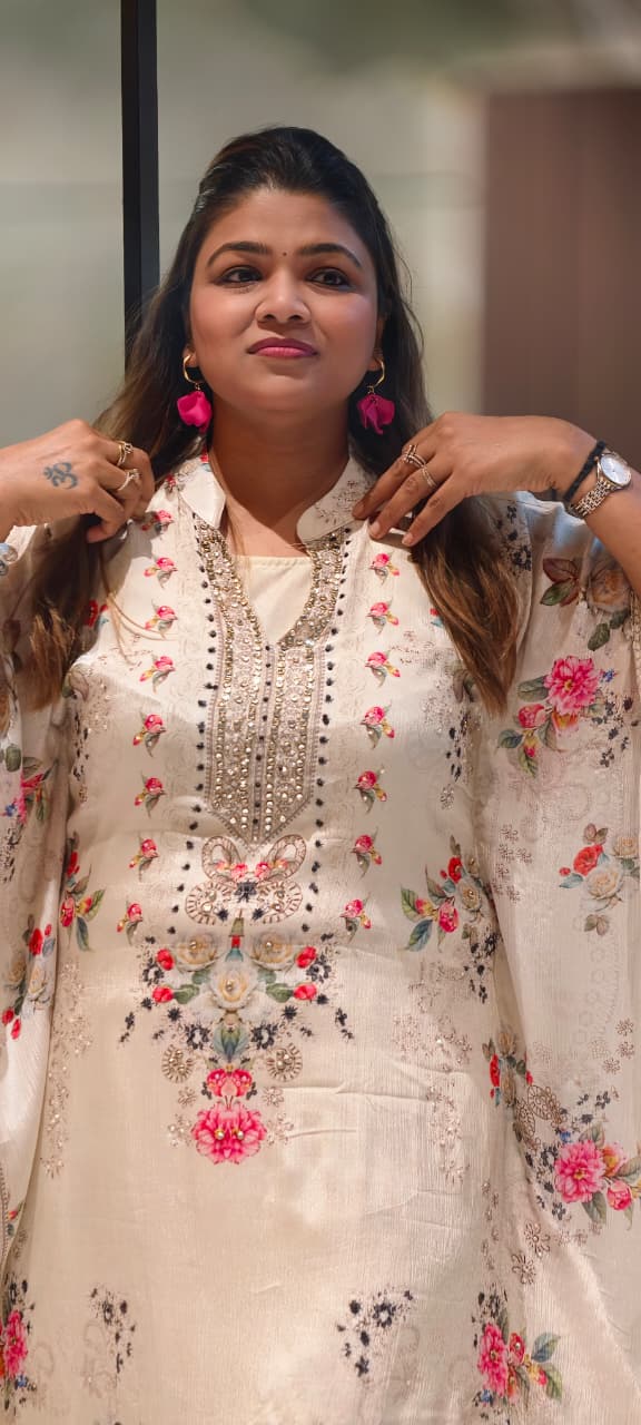 Ethereal Light Ivory Delicate Floral Prints & Neck Detailing Kaftan Sharara Set- 14933
