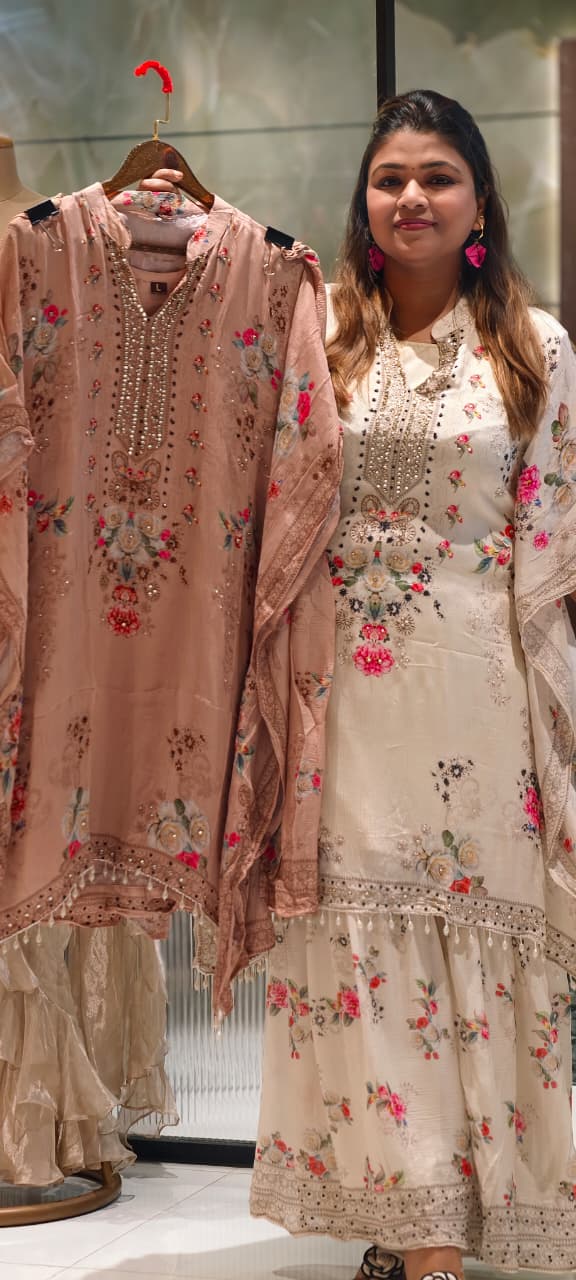 Ethereal Light Ivory Delicate Floral Prints & Neck Detailing Kaftan Sharara Set- 14933