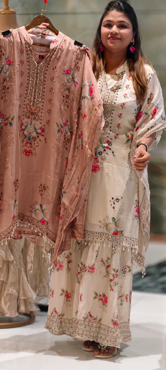 Ethereal Light Ivory Delicate Floral Prints & Neck Detailing Kaftan Sharara Set- 14933