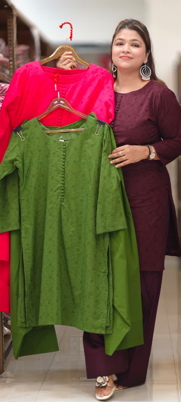 Solid Hacoba Embroidered Button-down Farsi Bottom Cotton Co-Ord Set- 14969