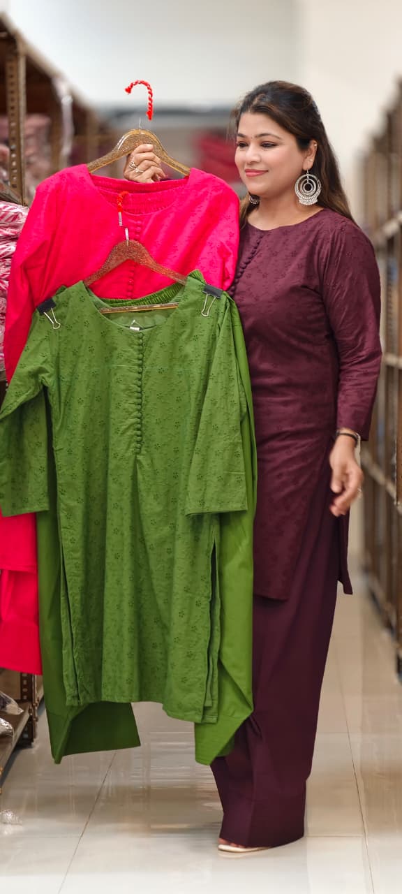 Solid Hacoba Embroidered Button-down Farsi Bottom Cotton Co-Ord Set- 14969