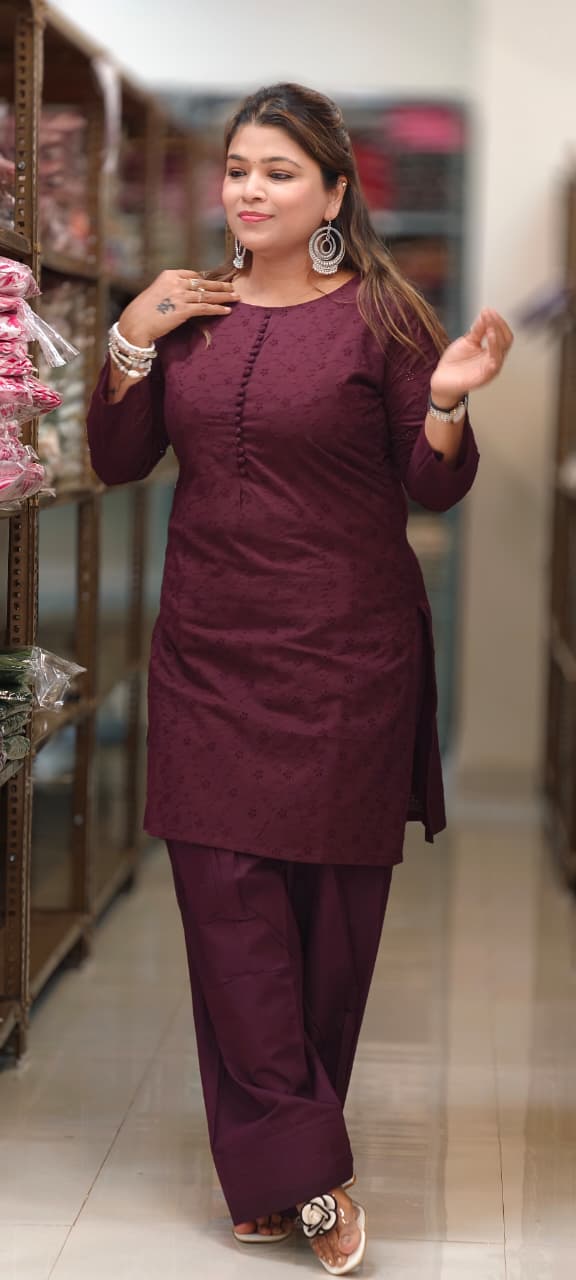 Solid Hacoba Embroidered Button-down Farsi Bottom Cotton Co-Ord Set- 14969