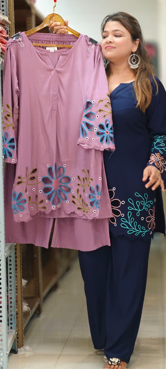 Premium Imported Fabric Floral Hem Cut-Work Embroidery Co-Ord Set-14970