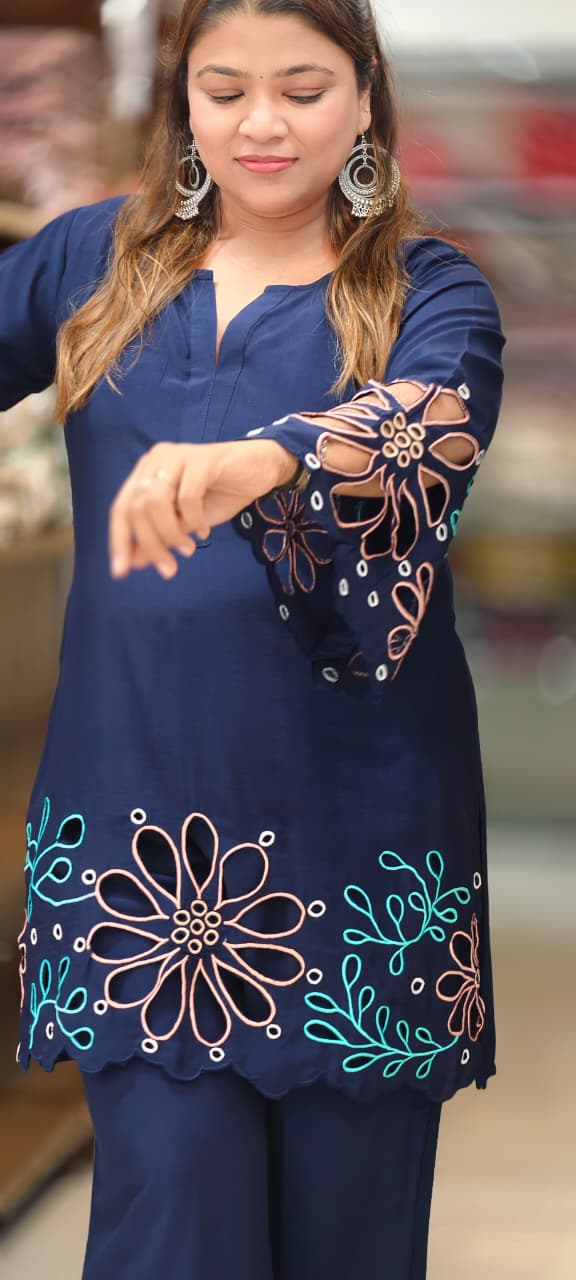 Premium Imported Fabric Floral Hem Cut-Work Embroidery Co-Ord Set-14970