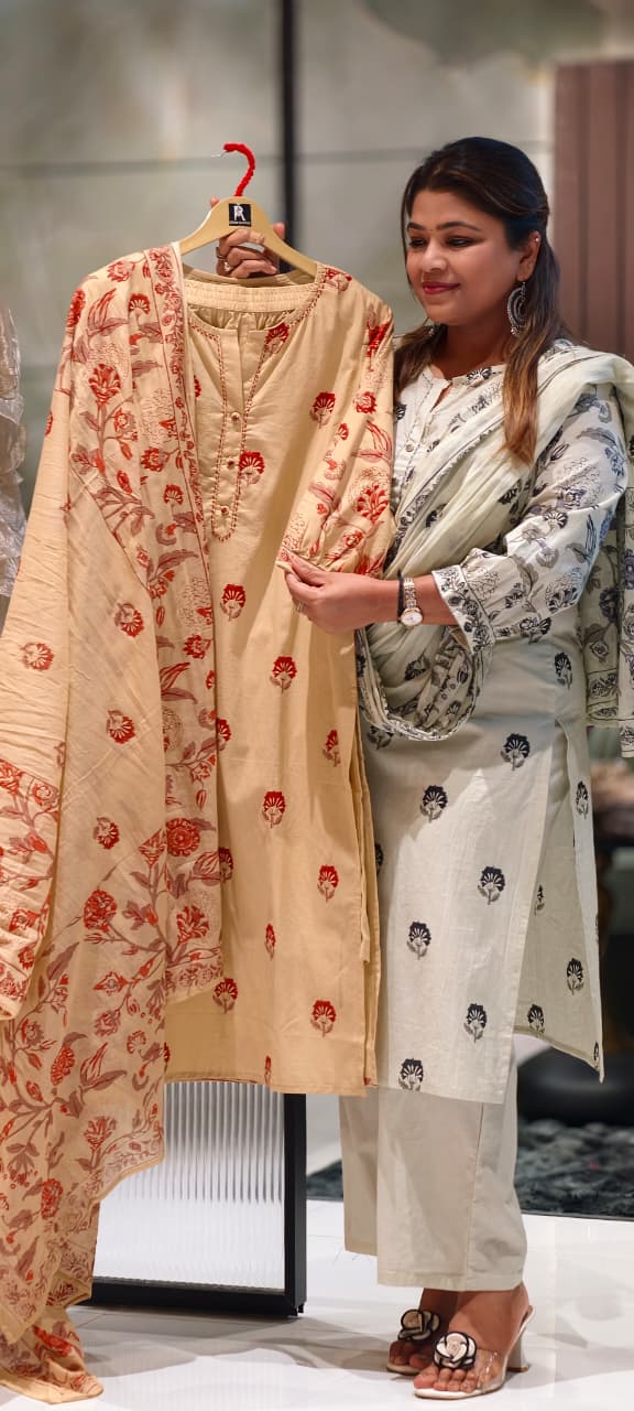 Sophisticated Cream Floral Block Print Cotton Full Suit Set with Matching Dupatta- 14967