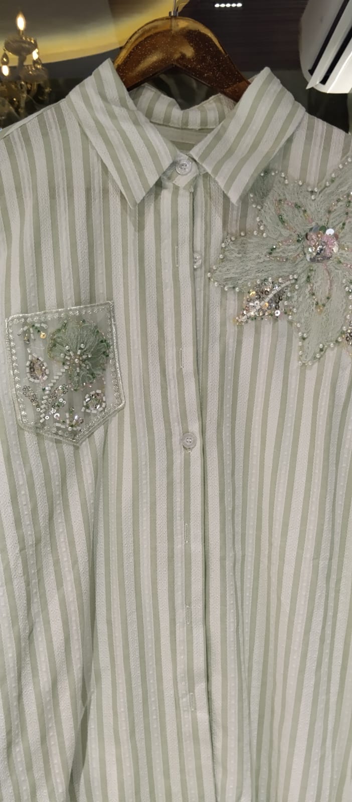 Classic Vertical Stripe Floral Pop Motif Imported Shirt- 15072