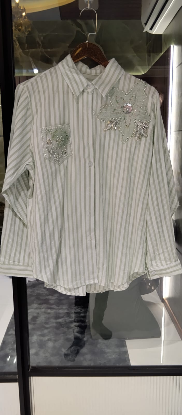 Classic Vertical Stripe Floral Pop Motif Imported Shirt- 15072