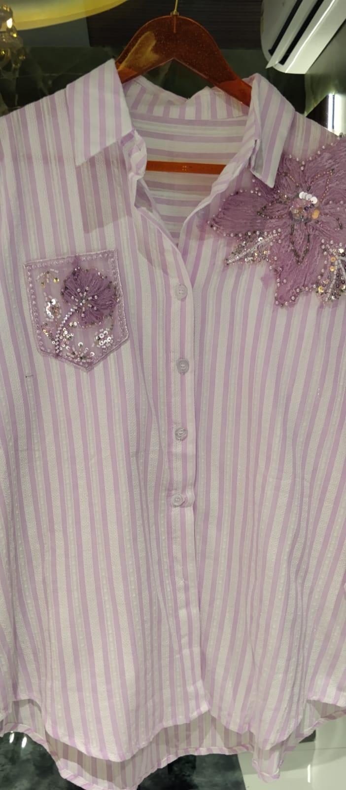 Classic Vertical Stripe Floral Pop Motif Imported Shirt- 15072