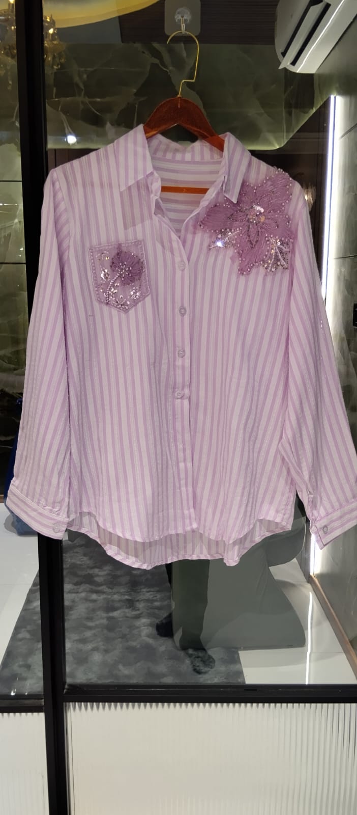 Classic Vertical Stripe Floral Pop Motif Imported Shirt- 15072