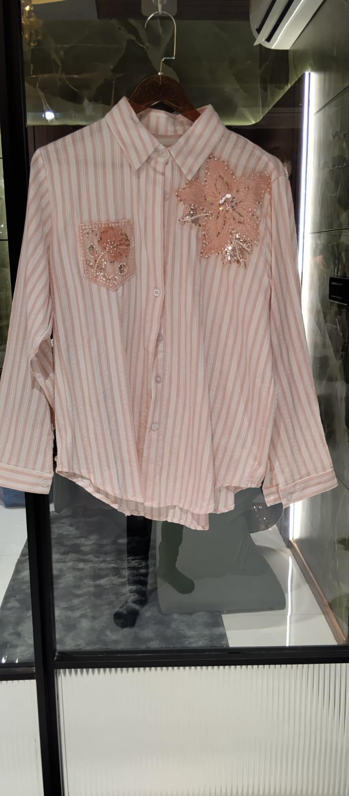 Classic Vertical Stripe Floral Pop Motif Imported Shirt- 15072