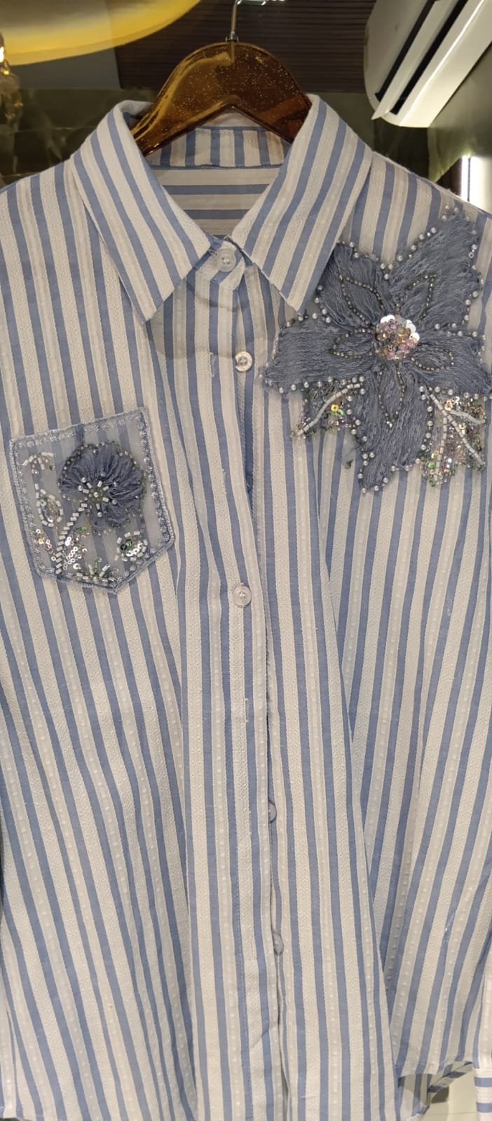Classic Vertical Stripe Floral Pop Motif Imported Shirt- 15072