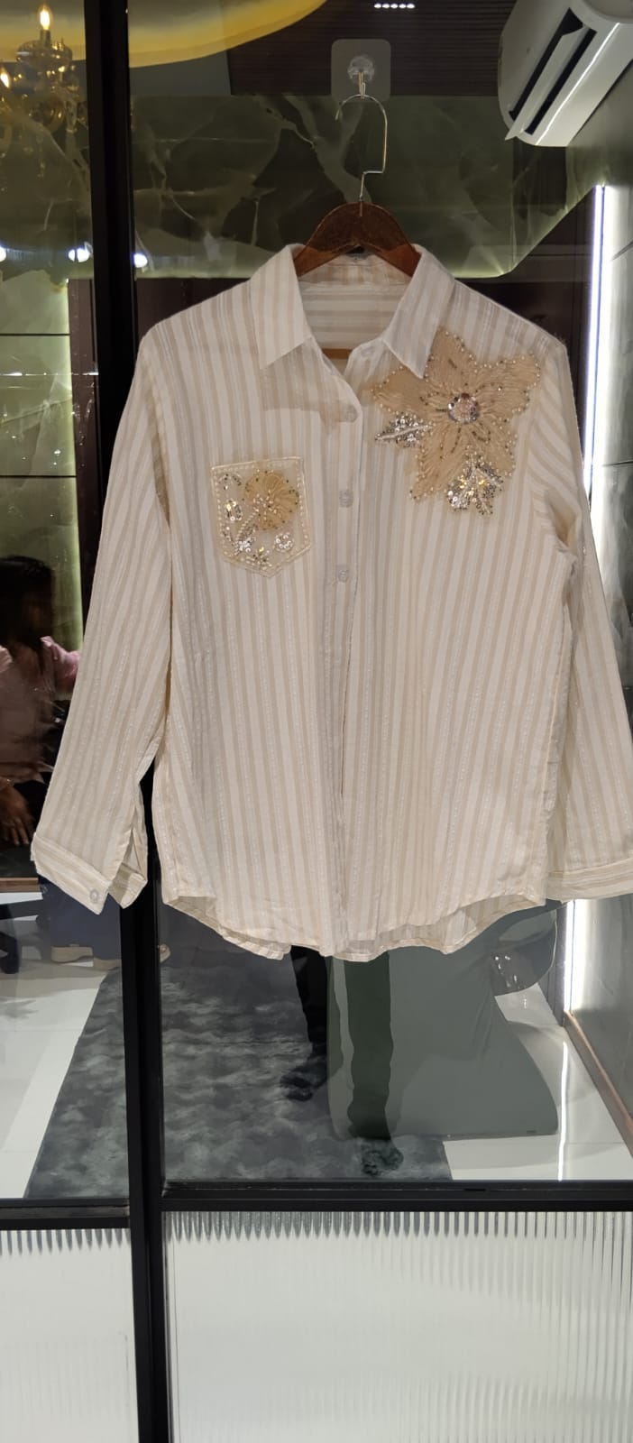 Classic Vertical Stripe Floral Pop Motif Imported Shirt- 15072