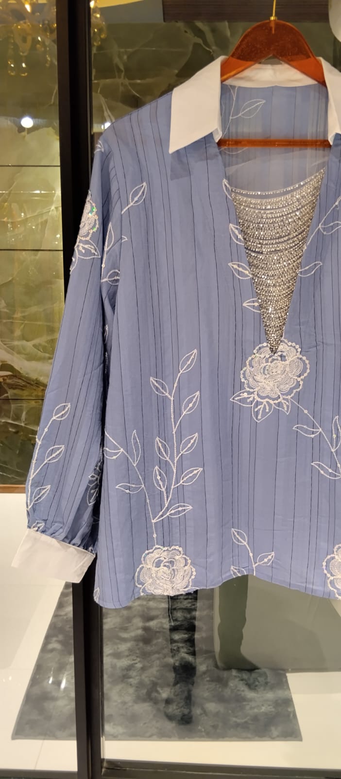 Artisan Botanical Embroidery Imported Top With Shimmer Jewel- 15075
