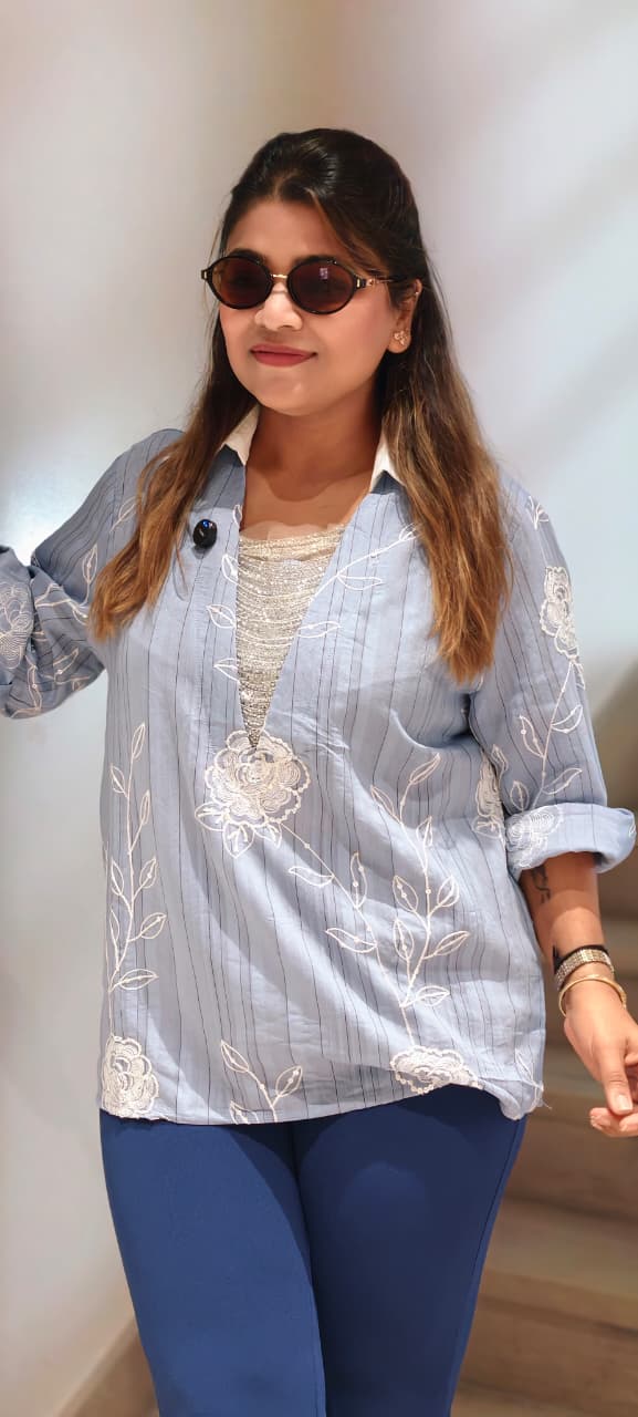 Artisan Botanical Embroidery Imported Top With Shimmer Jewel- 15075