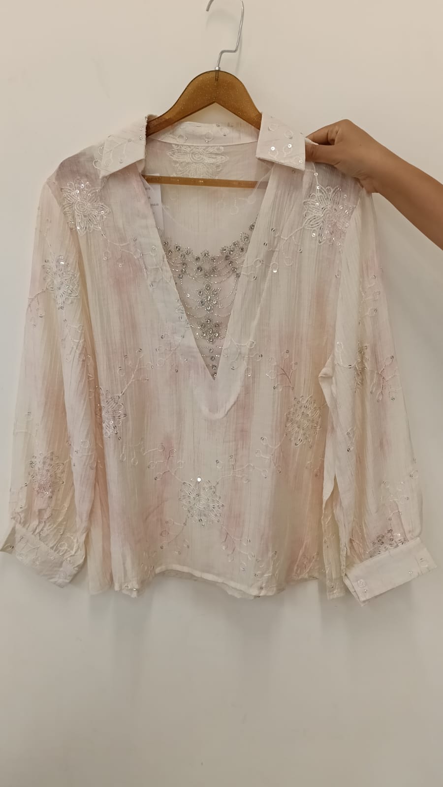 Pastel Embroidered Shirt with Netted Sparkle Stone Work Over Neck
