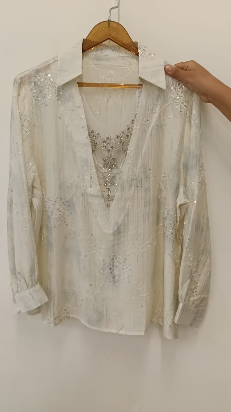 Pastel Embroidered Shirt with Netted Sparkle Stone Work Over Neck