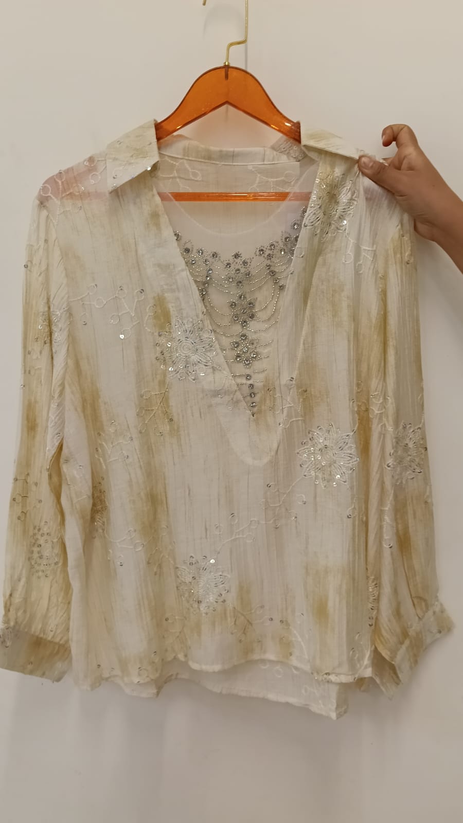 Pastel Embroidered Shirt with Netted Sparkle Stone Work Over Neck