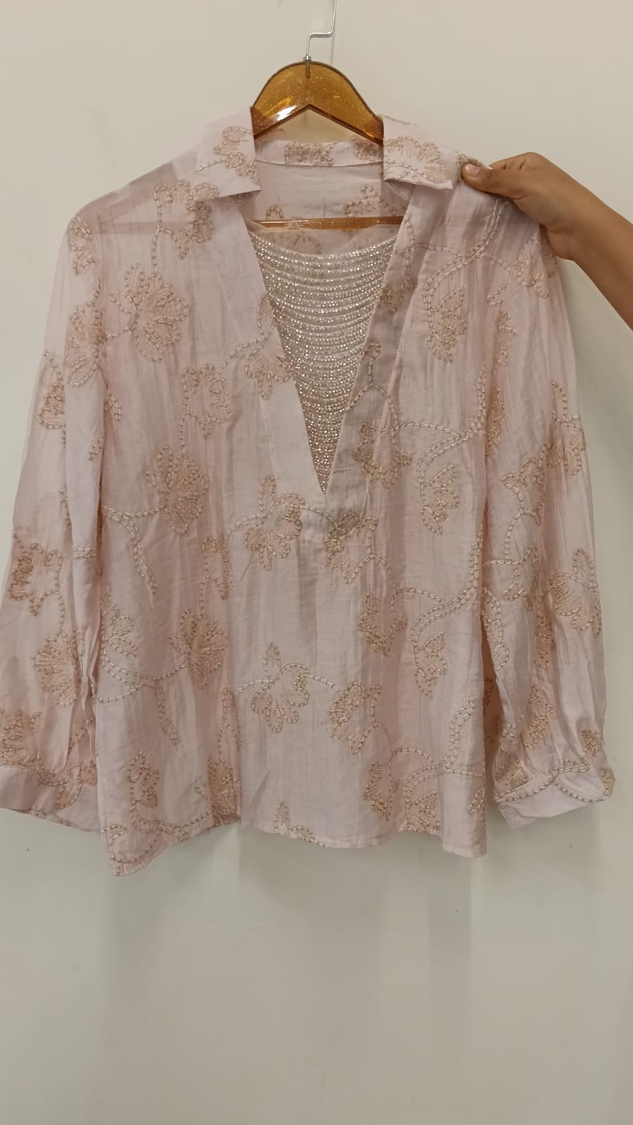 Soft Pastel Embroidered Shirt  Delicate Floral Detailing and Glamorous Stone work Layer