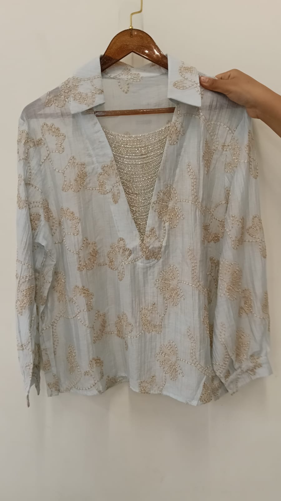Soft Pastel Embroidered Shirt  Delicate Floral Detailing and Glamorous Stone work Layer