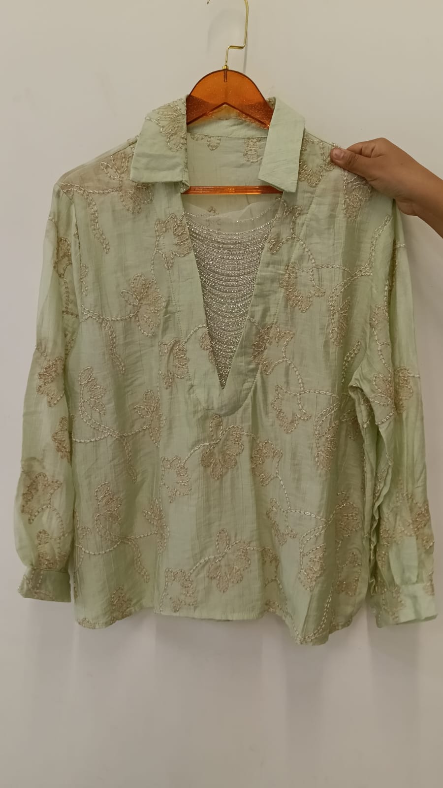 Soft Pastel Embroidered Shirt  Delicate Floral Detailing and Glamorous Stone work Layer