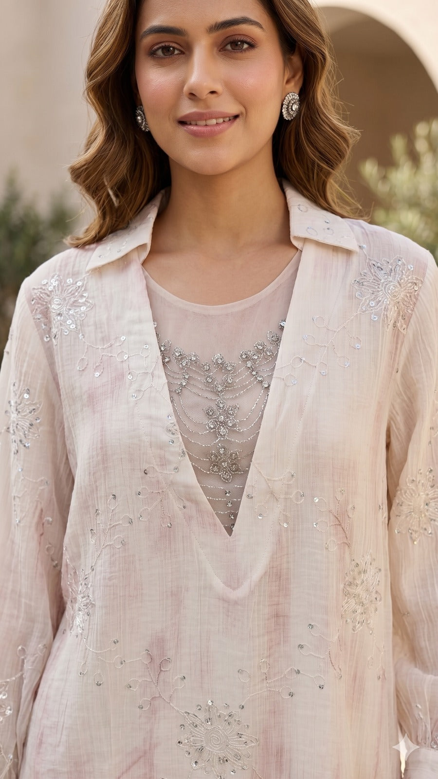 Pastel Embroidered Shirt with Netted Sparkle Stone Work Over Neck