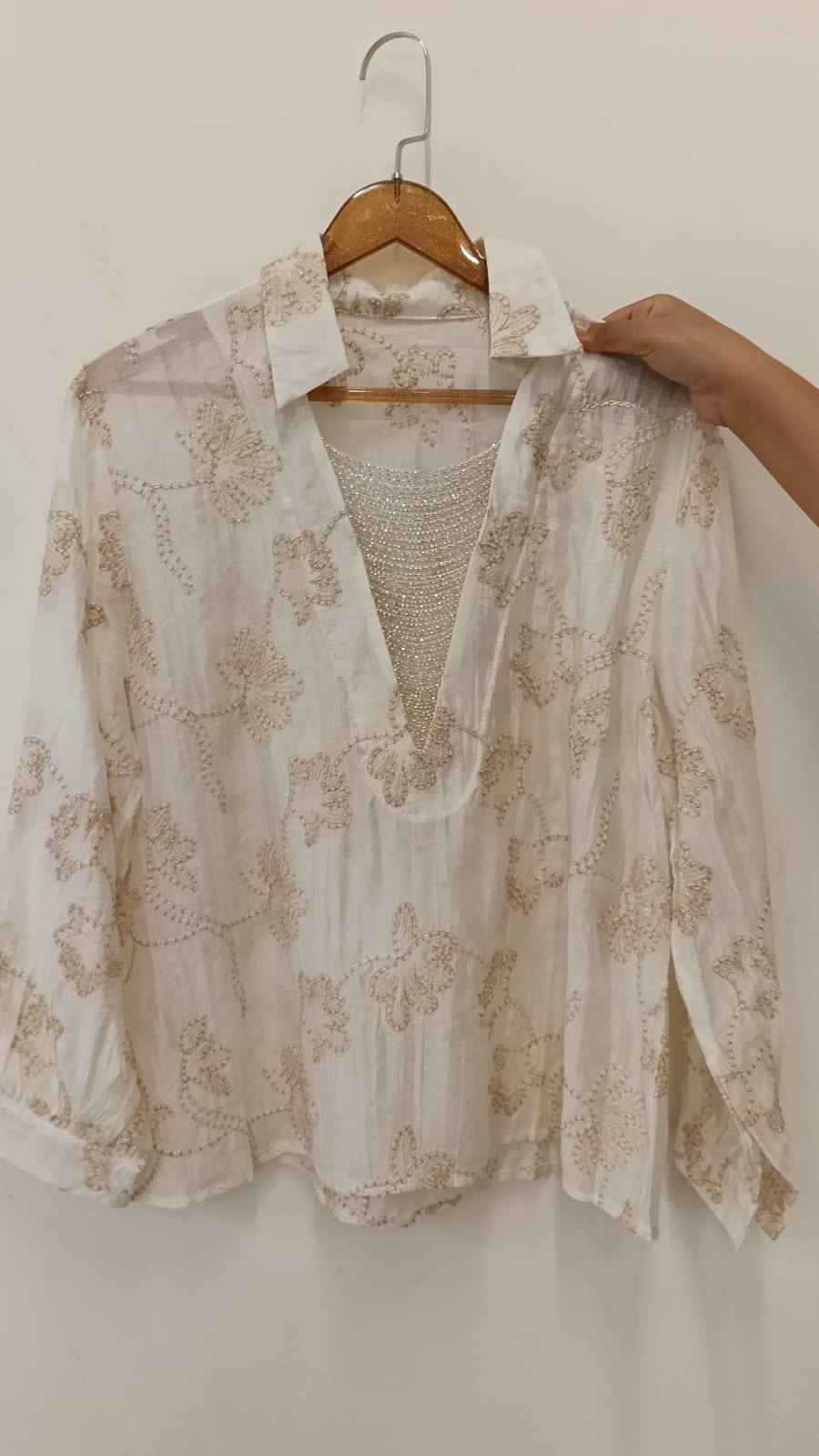 Soft Pastel Embroidered Shirt  Delicate Floral Detailing and Glamorous Stone work Layer