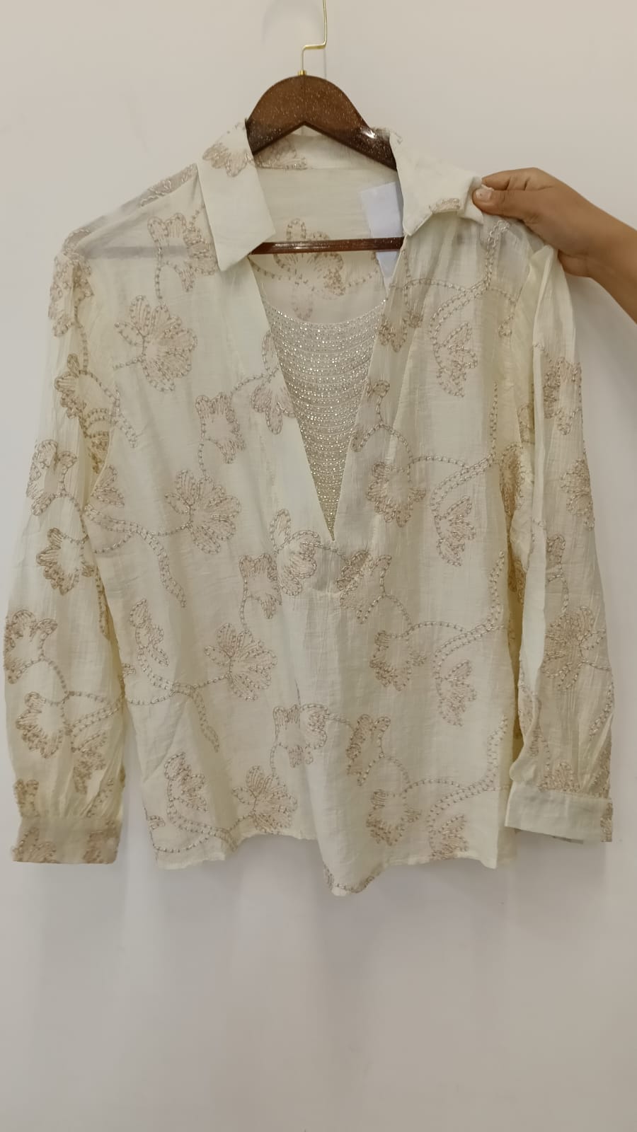 Soft Pastel Embroidered Shirt  Delicate Floral Detailing and Glamorous Stone work Layer