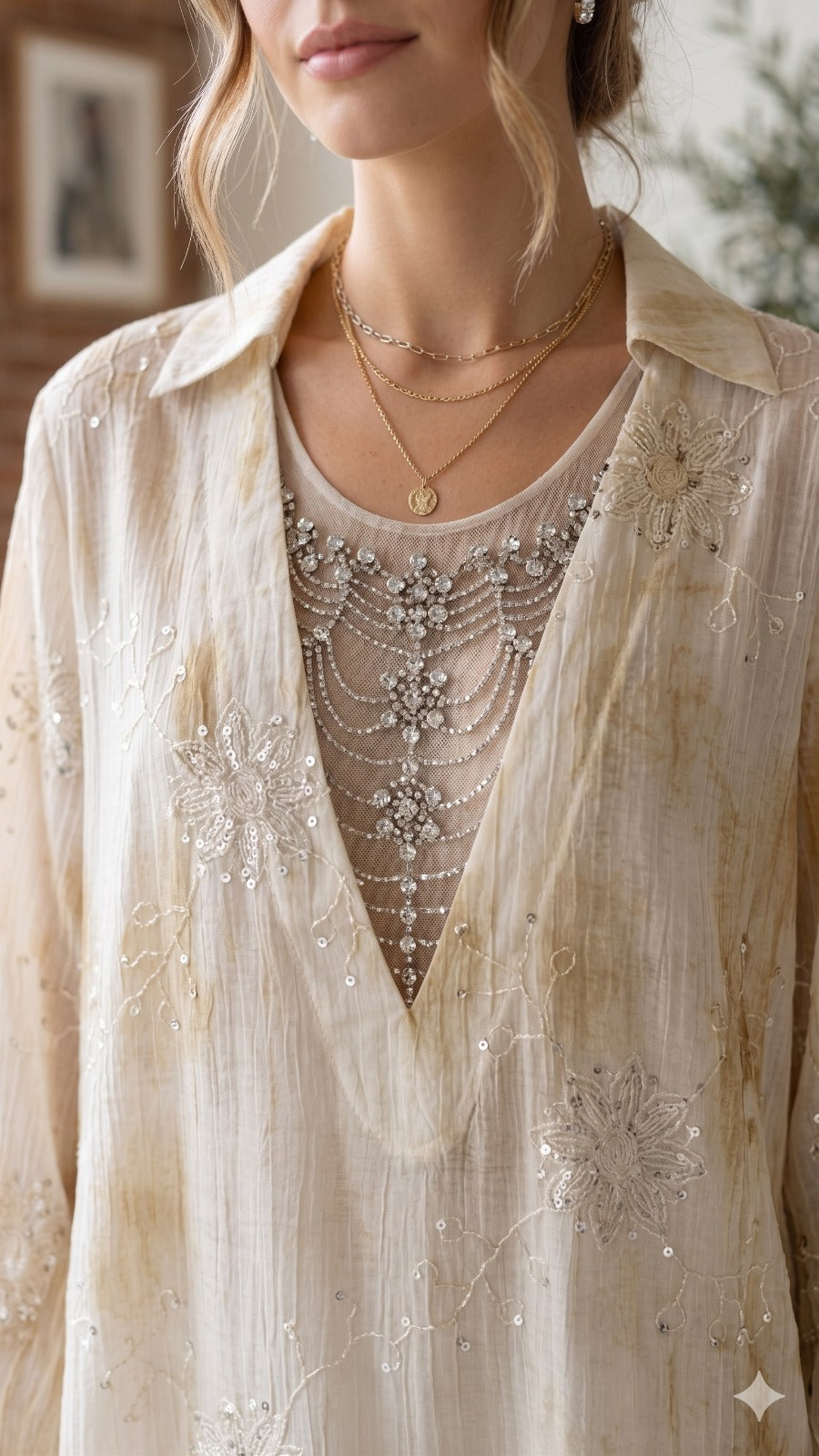 Pastel Embroidered Shirt with Netted Sparkle Stone Work Over Neck