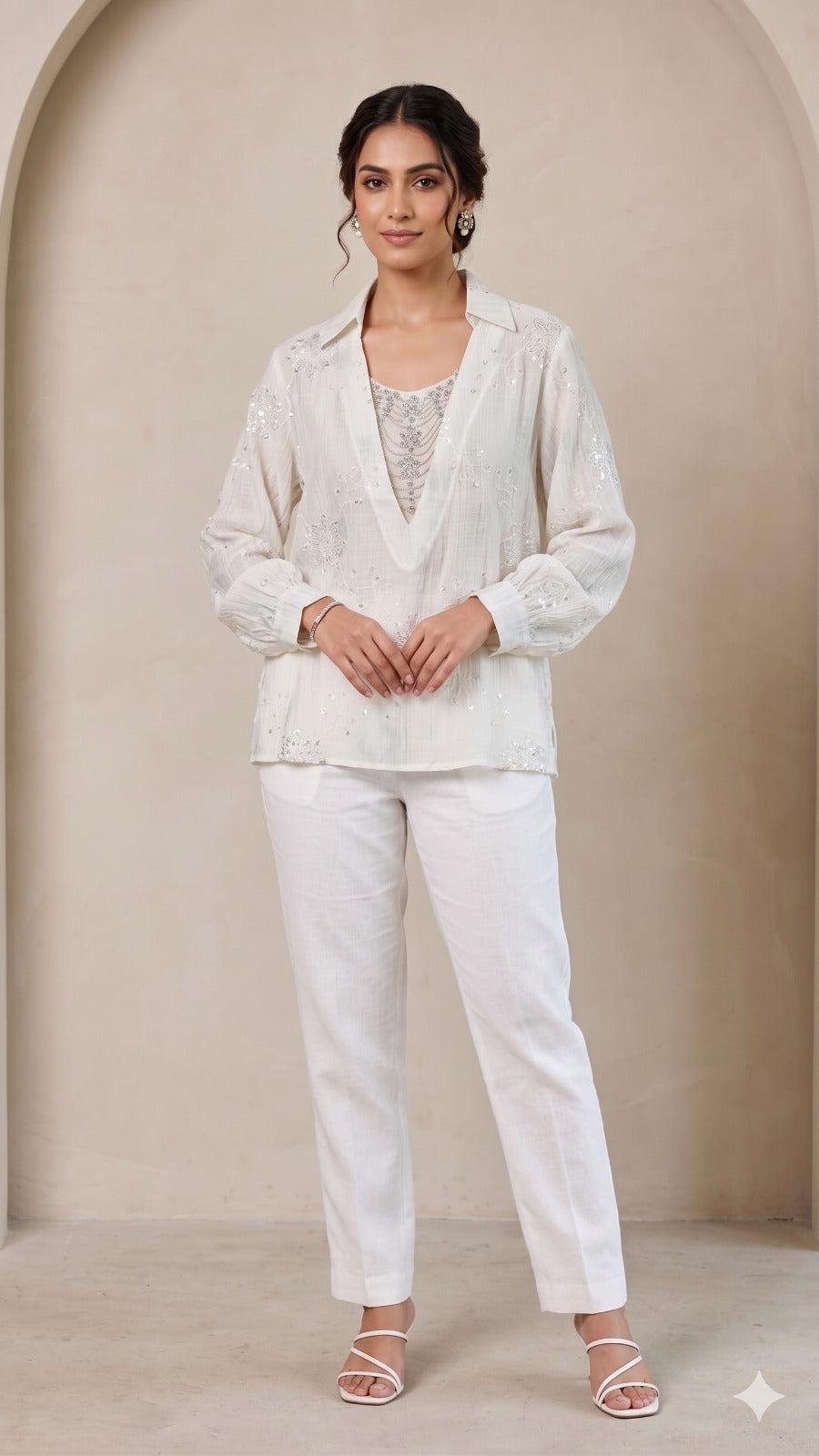 Pastel Embroidered Shirt with Netted Sparkle Stone Work Over Neck
