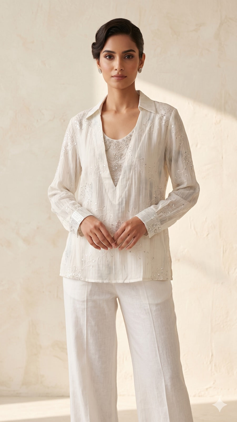 Pastel Embroidered Shirt with Netted Sparkle Stone Work Over Neck