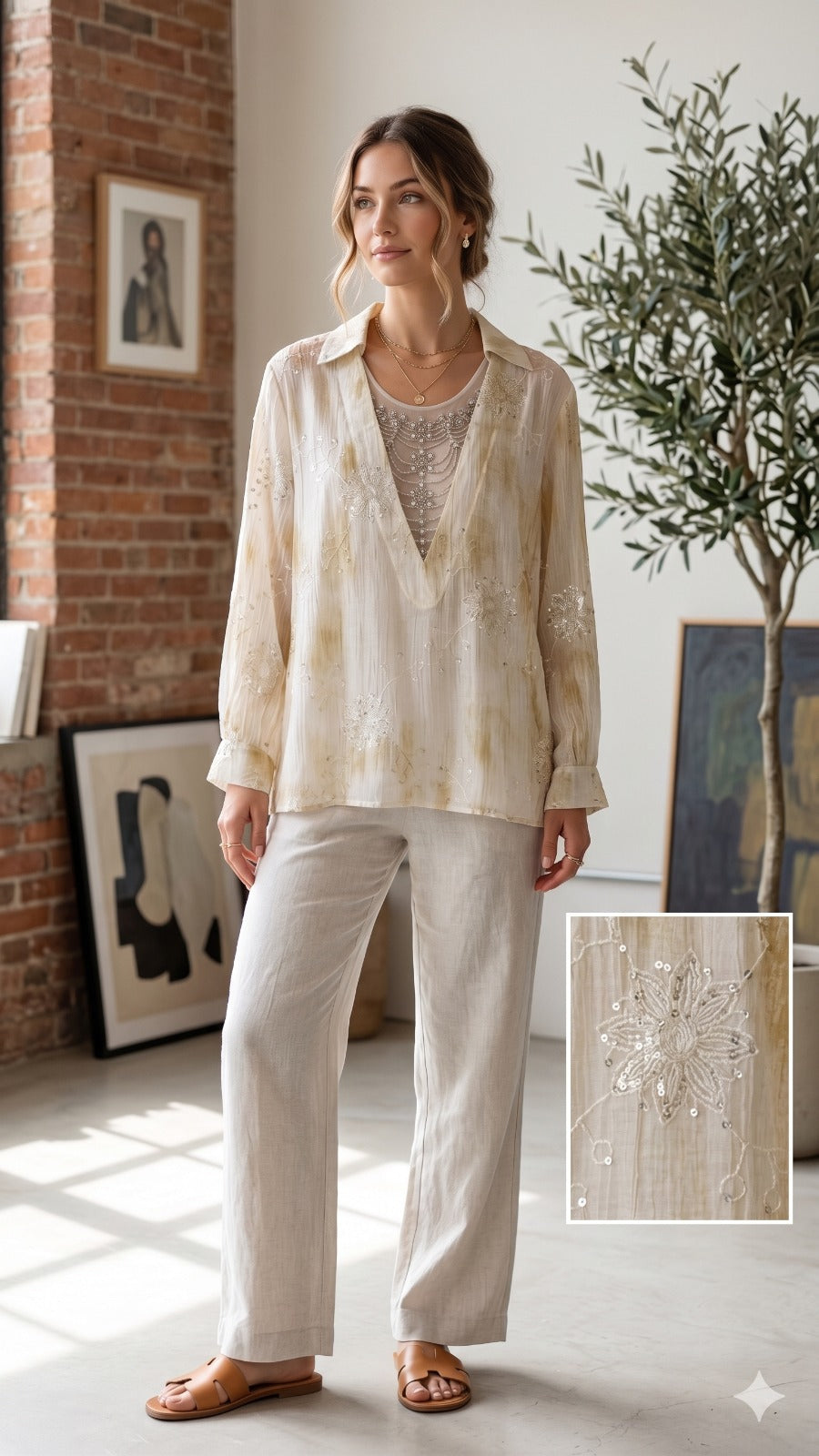 Pastel Embroidered Shirt with Netted Sparkle Stone Work Over Neck