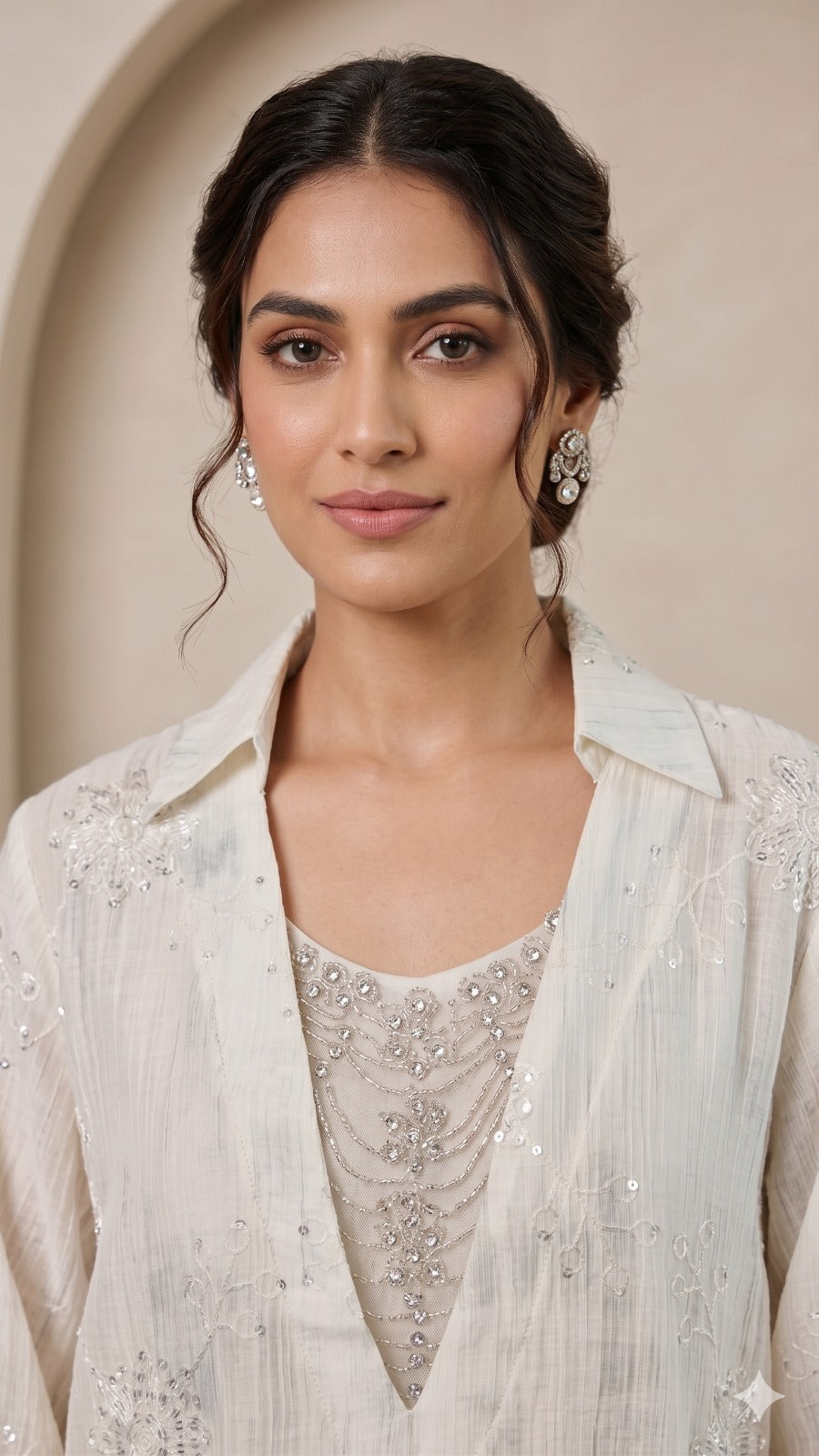 Pastel Embroidered Shirt with Netted Sparkle Stone Work Over Neck