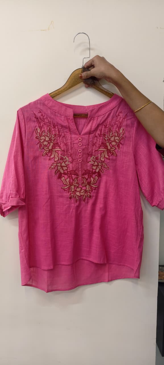 Pinkish Pallete Tone Floral Embroidered Casual Western Top- 15135