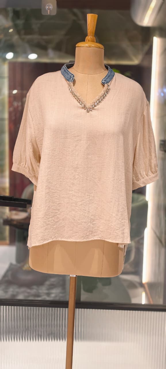 Siroski Stone Neckline Balloon Sleeve Imported Western Casual Top- 15046