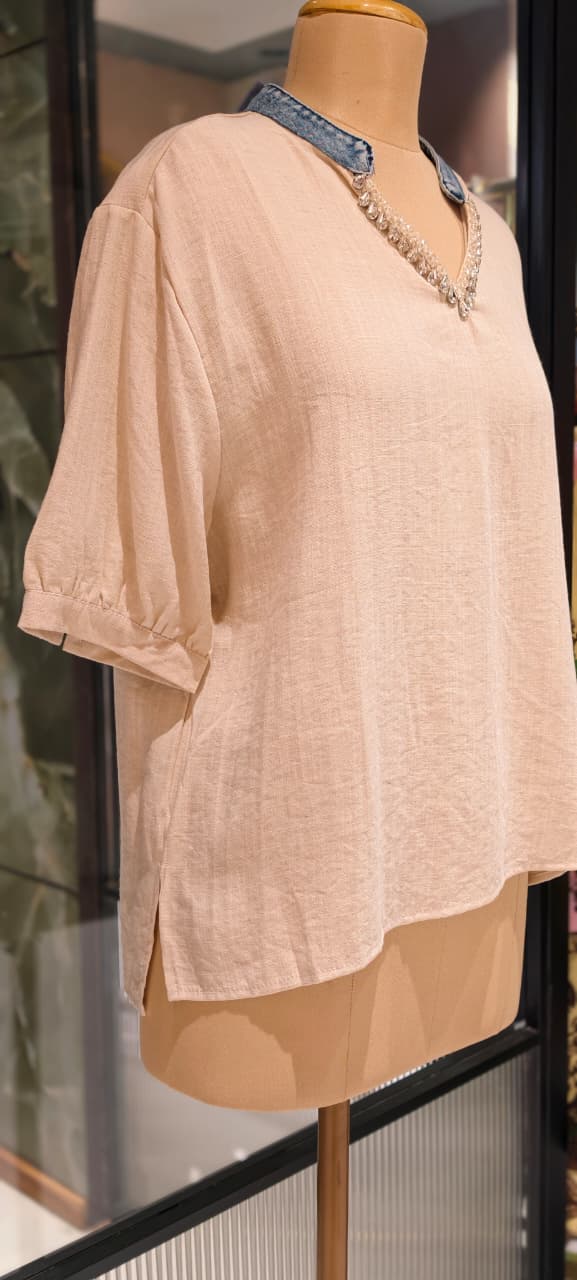 Siroski Stone Neckline Balloon Sleeve Imported Western Casual Top- 15046