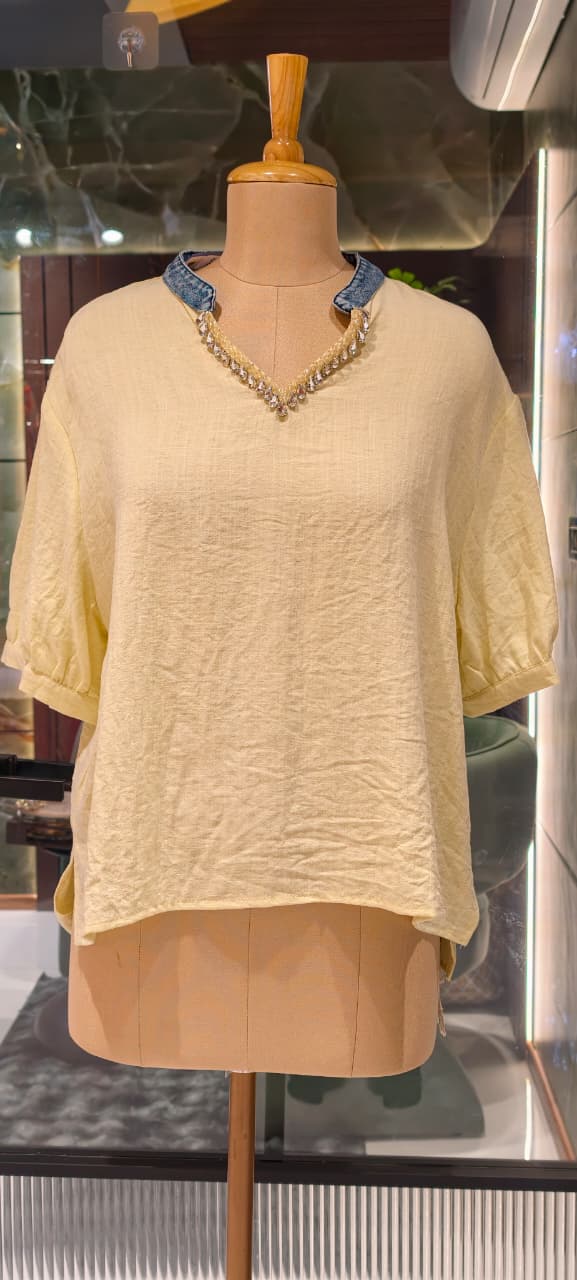 Siroski Stone Neckline Balloon Sleeve Imported Western Casual Top- 15046