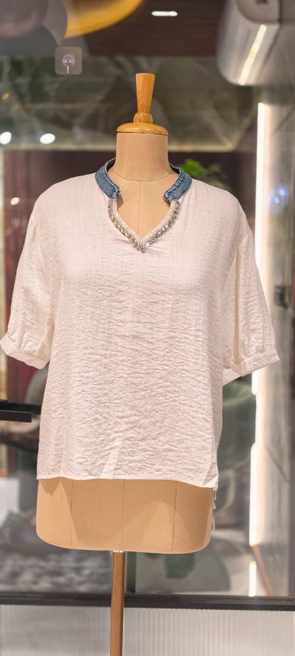 Siroski Stone Neckline Balloon Sleeve Imported Western Casual Top- 15046