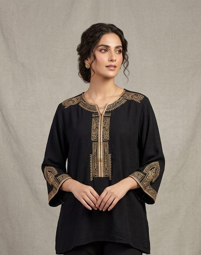Kashmiri Embroidery Over Neck & Sleeve Unique Imported Top- 15136