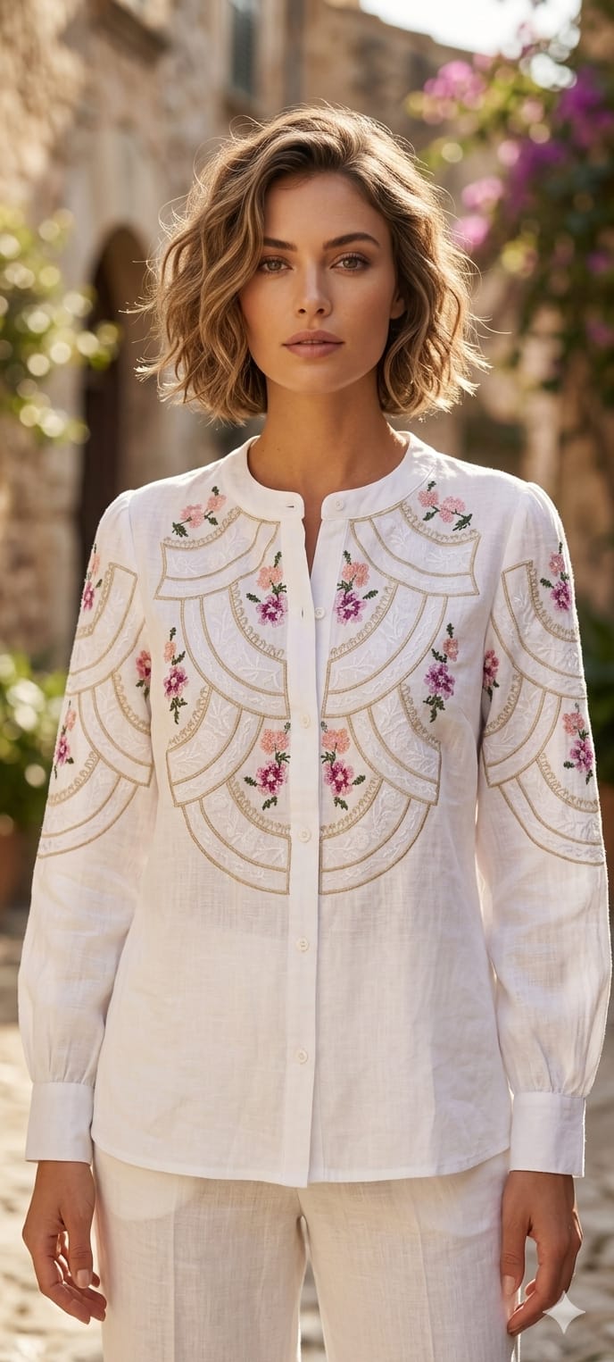Floral Gardenia Embroidered Front Design Beautiful Imported Top- 15154