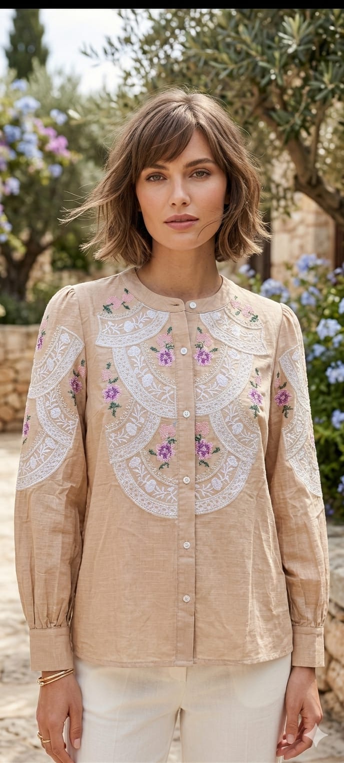 Floral Gardenia Embroidered Front Design Beautiful Imported Top- 15154