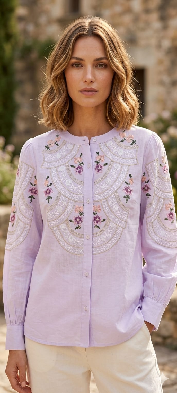 Floral Gardenia Embroidered Front Design Beautiful Imported Top- 15154