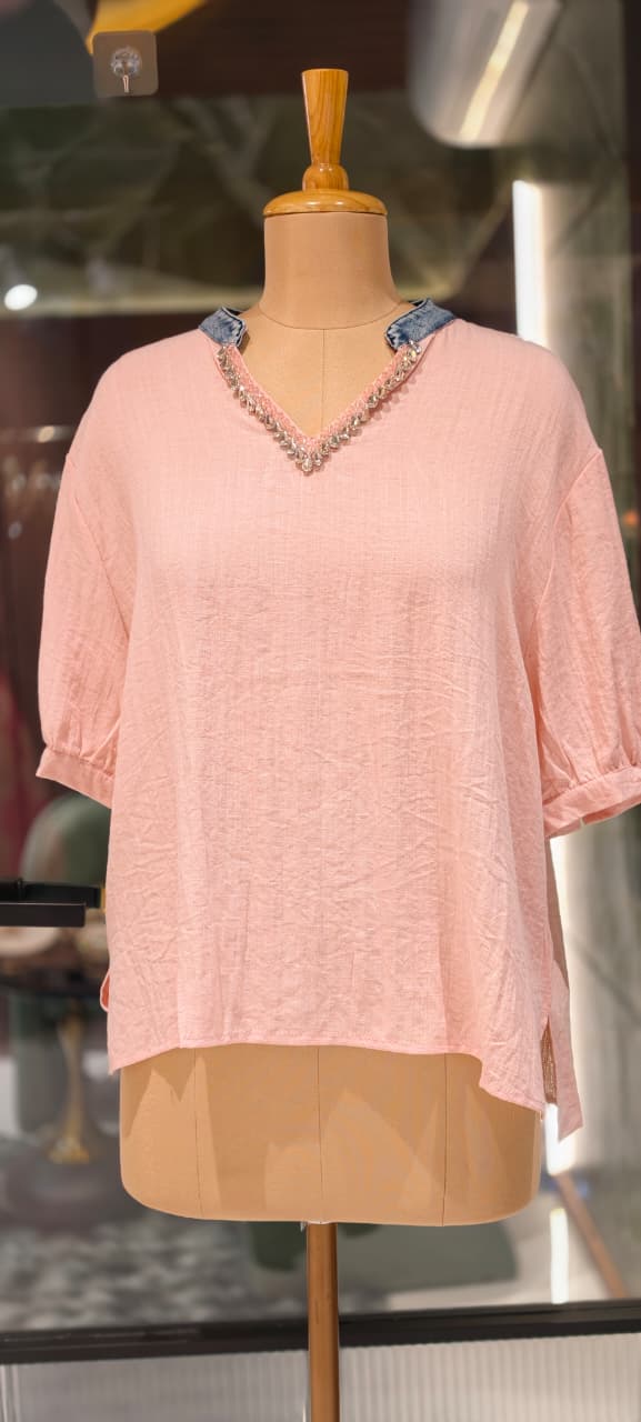 Siroski Stone Neckline Balloon Sleeve Imported Western Casual Top- 15046