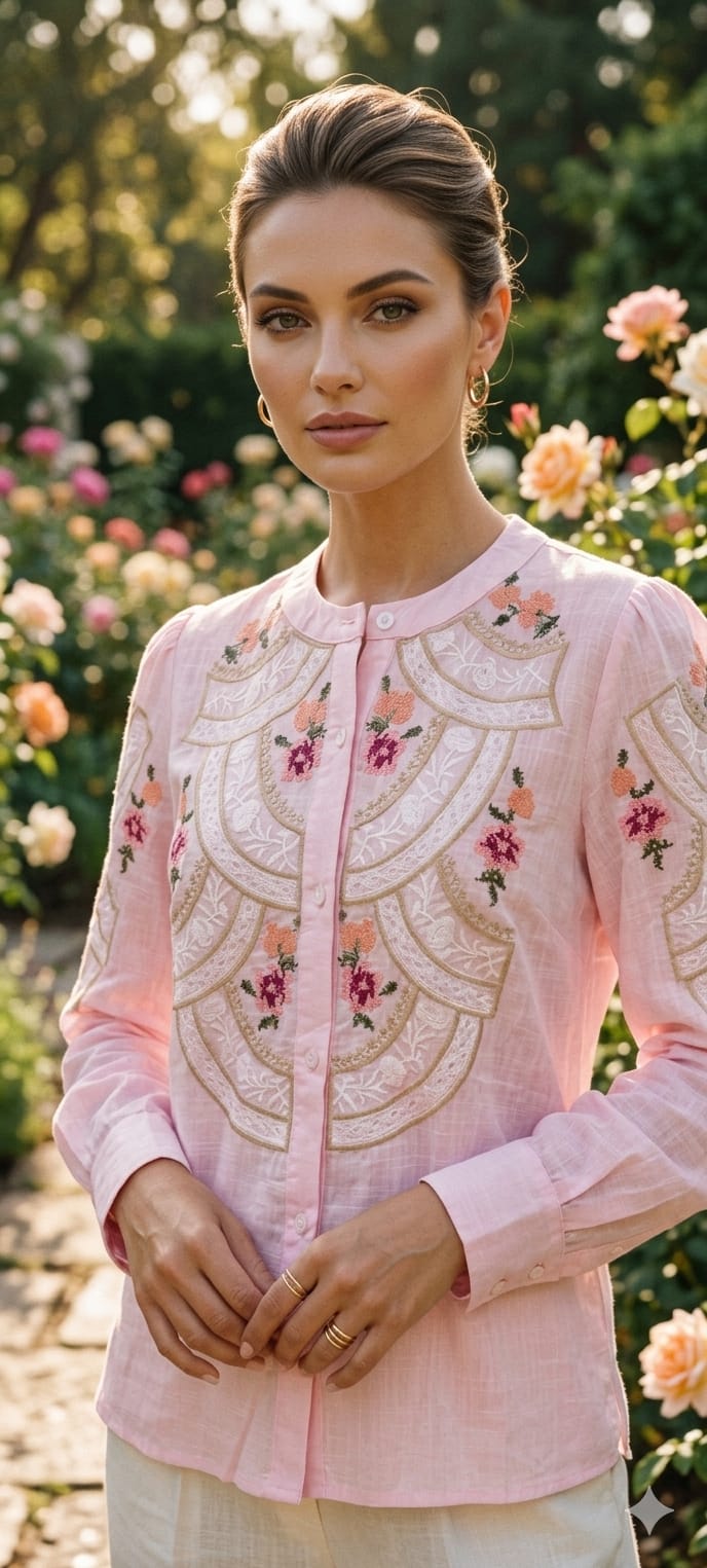 Floral Gardenia Embroidered Front Design Beautiful Imported Top- 15154