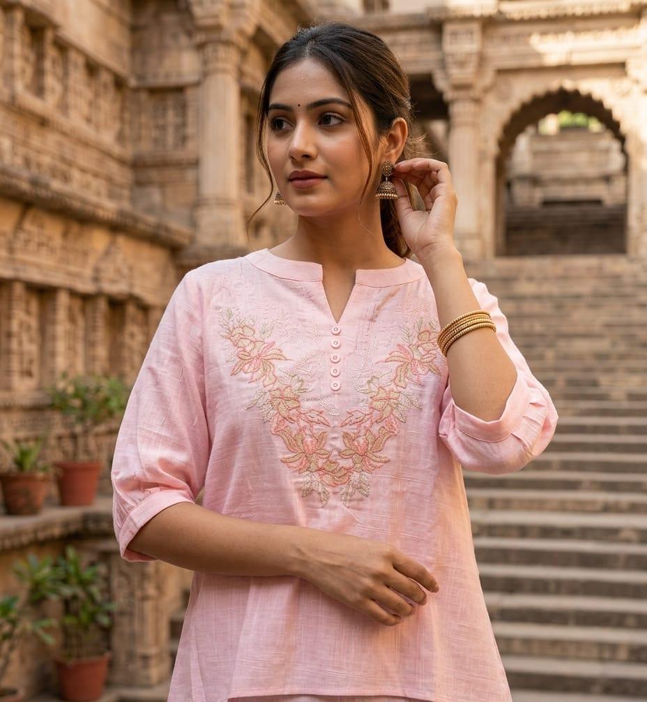 Pinkish Pallete Tone Floral Embroidered Casual Western Top- 15135