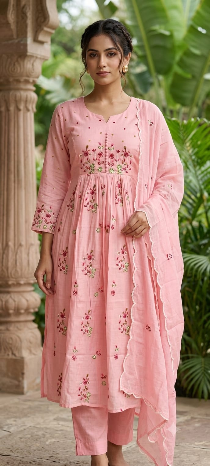 Graceful Hand-Embroidered Surat Mul-Chanderi A-Line Full Suit Set with Scalloped Dupatta- 15124