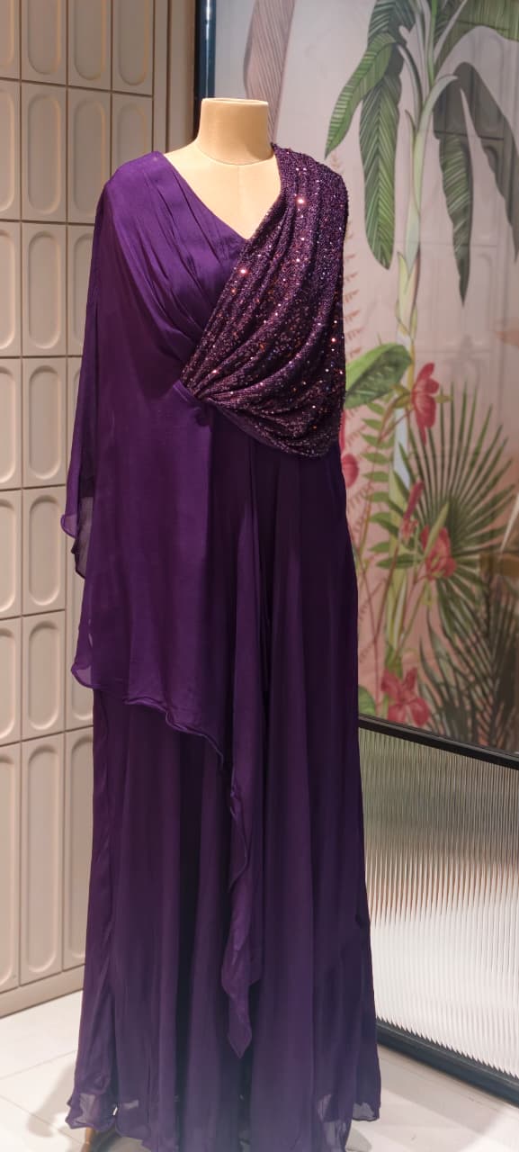 Elegant Sequin Drape Cape Maxi Gown