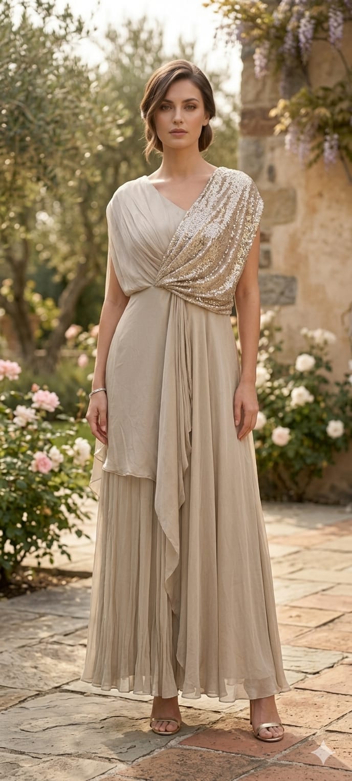 Elegant Sequin Drape Cape Maxi Gown