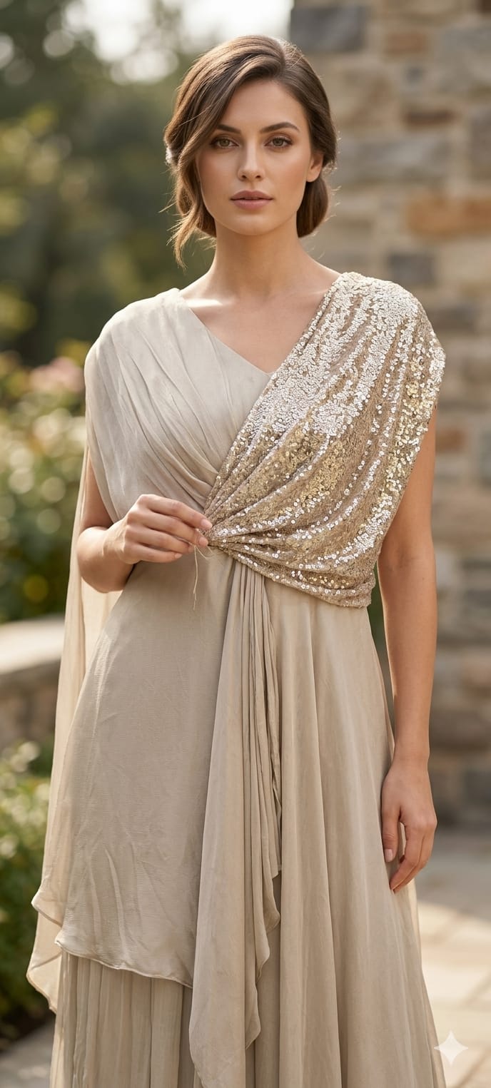 Elegant Sequin Drape Cape Maxi Gown