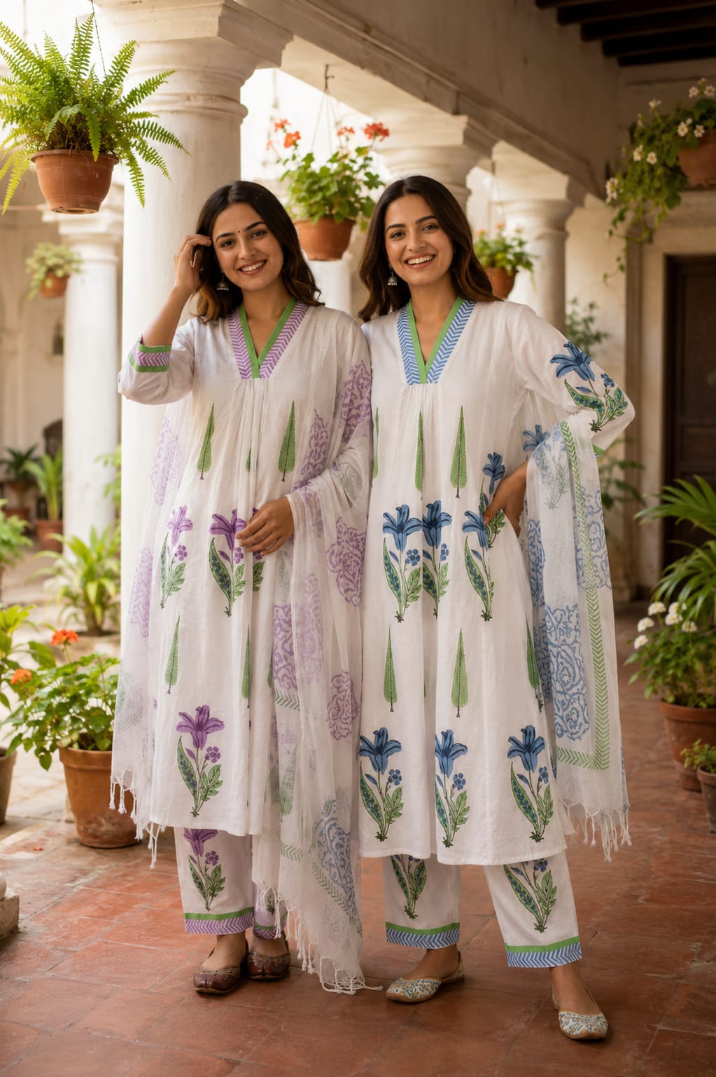 Premium Floral Print Mul Cotton Set Botanical Beauty A-Line Kurta Pant With Dupatta