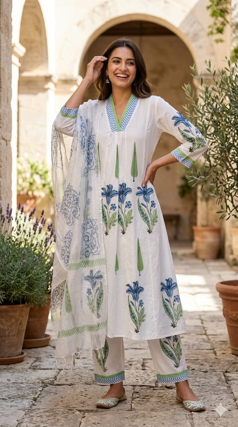 Premium Floral Print Mul Cotton Set Botanical Beauty A-Line Kurta Pant With Dupatta